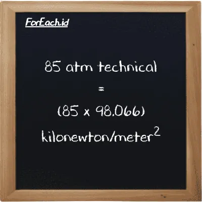 How to convert atm technical to kilonewton/meter<sup>2</sup>: 85 atm technical (at) is equivalent to 85 times 98.066 kilonewton/meter<sup>2</sup> (kN/m<sup>2</sup>)